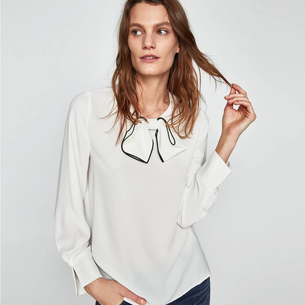 Zara White Blouse with Black Trim Bow
